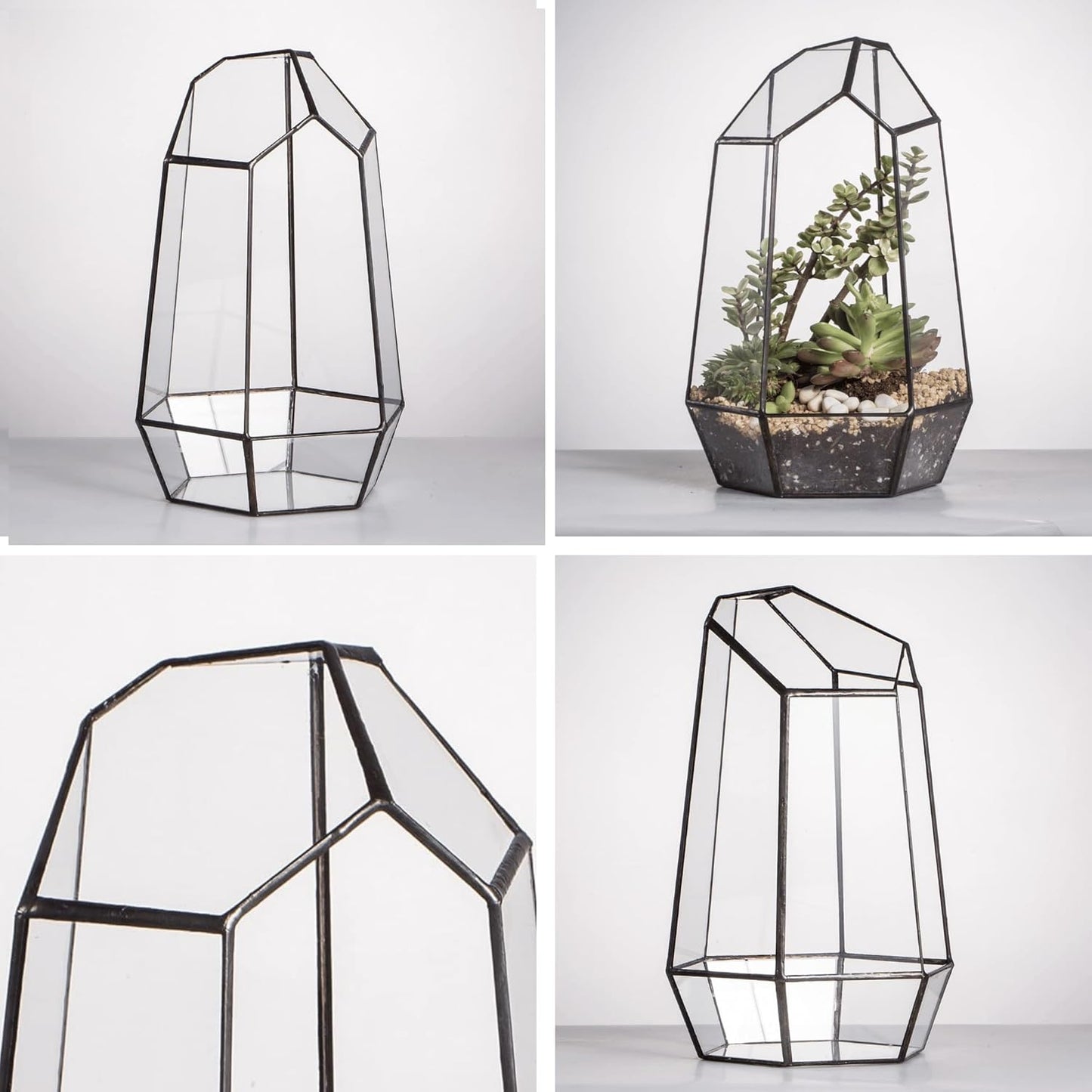 Geometric Plants Terrarium Planter - Glass Terrarium for Succulent, Cacti - 6.5X5.7X9.8 Inches - Indoor Tabletop Irregular Opened Container Pot for Home, Garden, Office Decor, Black (No Plants)